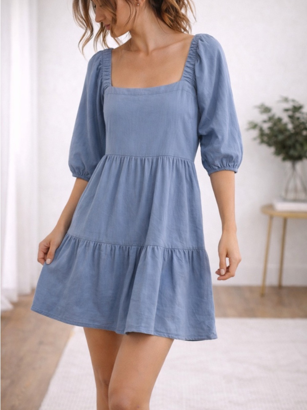 Blue Square-Neck Tiered Mini Summer Cottage Core Flowy Spring Summer Dress